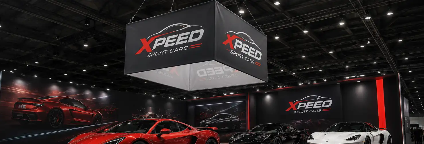 Appendimento quadrato sospeso sopra stand di vetture sportive in fiera con stampa personalizzata
