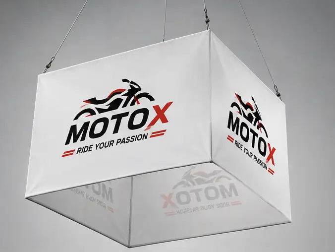 appendimento-quadrato-moto Appendimento quadrato sospeso bianco con logo moto personalizzato per stand fieristici