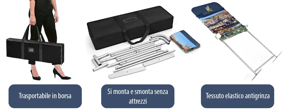 Totem con tessuto elasticizzato con montaggio a calza o calzino dimensione L. 80 x H. 200 cm. fasi di trasporto e montaggio