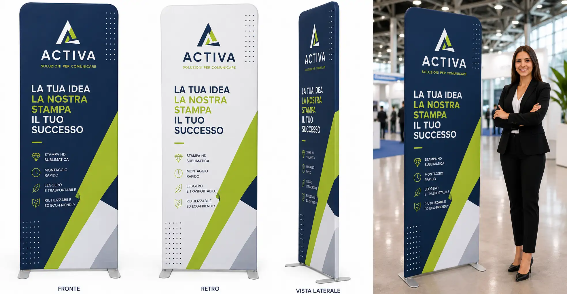 Totem con tessuto elasticizzato con montaggio a calza o calzino dimensione L. 80 x H. 200 cm. con le varie prospettive