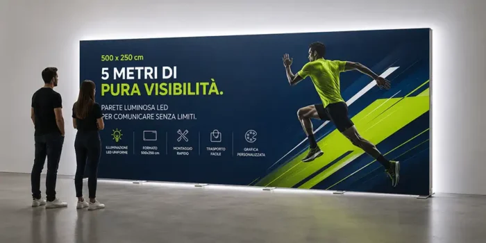 Parete con retroilluminazione LED L. 500 x H. 250 cm e stampa personalizzata intercambiabile